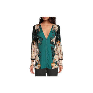 Free People Womens Green Mikayla Print Long Sleeve Deep V Neck Tunic M MSRP $128